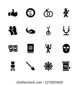 Vector Illustration Of 16 Icons. Editable Pack Hand, Spider web, Broom, Magician, Skull, Spell, Gloves, Playing cards, Unicycle
