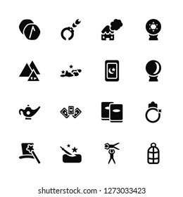 Vector Illustration Of 16 Icons. Editable Pack Runes, Acrobatic, Magic trick, Wand, Rings, Bird cage, Pyramid, lamp, Tarot