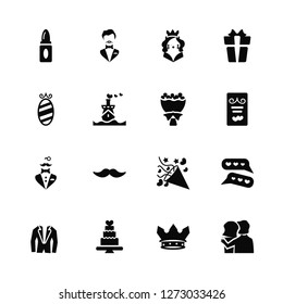 Vector Illustration Of 16 Icons. Editable Pack Lipstick, Crown, Wedding cake, Tuxedo, Chat, Hug, Mirror, Bouquet