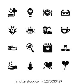 Vector Illustration Of 16 Icons. Editable Pack Park, Love arrow, Candle, Proposal, Love, Heart balloon, Vest, Shoes, Couple