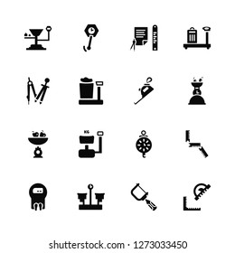 Vector Illustration Of 16 Icons. Editable Pack Scale, Cuttin Wrench, Old Weight Folded Ruler, Small Angle Open Compass, Kitchen Measuring Tape