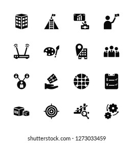 Vector Illustration Of 16 Icons. Editable Pack Company, Analysis, Target, Product, Price, Process, Communications, Networking, Place