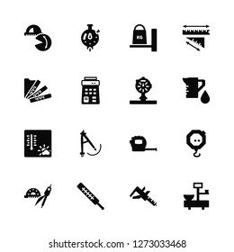 Vector Illustration Of 16 Icons. Editable Pack Protactor, Caliper, Thermometer, Protractor, Scale, Weighing scale, Ruler, Manometer