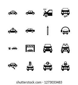 Vector Illustration Of 16 Icons. Editable Pack Taxi side, Car with euro, Temperature, Searching for car, Jeep front view, and Padlock, sale in euros, at Gas Station, Zipper