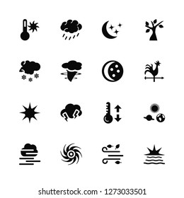 Vector Illustration Of 16 Icons. Editable Pack Hot Thermometer, Wind, Hurricane, Fog, Revolution, Sunset, Snowy, Sun, Moon phases