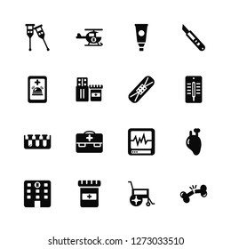 Vector Illustration Of 16 Icons. Editable Pack Crutches, Wheelchair, Medicine, Hospital, Heart, Bone, Emergency call, Test tube, Plaster