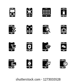 Vector Illustration Of 16 Icons. Editable Pack Gallery, Music, Settings, Image, Chat, Stop watch, Offer, Purchase, Loupe