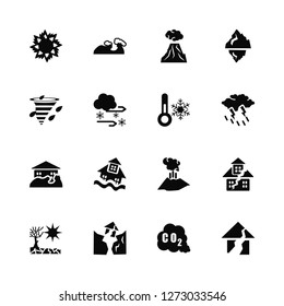 Vector Illustration Of 16 Icons. Editable Pack Burning Sun, CO2 Gas, Cracked Ground Between Houses, Ground, Earthquake and Home, Broken House, Tornado Season, Flooded Cold Temperature