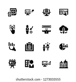 Vector Illustration Of 16 Icons. Editable Pack Gadget, Marketing, Resume, Presentation, Time, Skyscraper, Fingerprint, Analytics, Office