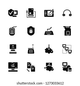 Vector Illustration Of 16 Icons. Editable Pack Shield, Cloud, Copy, Monitor, Remote control, Hosting, Mouse, Computer, Keyboard