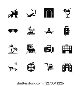 Vector Illustration Of 16 Icons. Editable Pack Mountains, Trolley, Location, Sunbed, Hotel, Sunglasses, Palm tree, Airplane