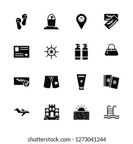 Vector Illustration Of 16 Icons. Editable Pack Flip flops, Sunset, Sand castle, Airplane, Passport, Swimming pool, Postcards, Booking, Oxygen tank