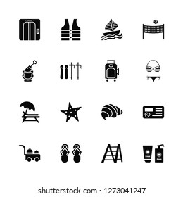 Vector Illustration Of 16 Icons. Editable Pack Elevator, Ladder, Flip flops, Room service, Postcard, Sun cream, Sand bucket, Sunbed, Suitcase