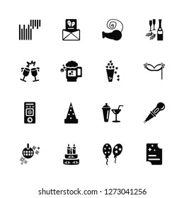 Vector Illustration Of 16 Icons. Editable Pack Equalizer, Balloons, Cake, Ball, Karaoke, Admission, Toast, Speaker, Popcorn