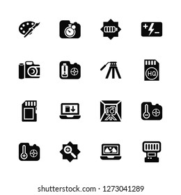 Vector Illustration Of 16 Icons. Editable Pack Paint palette, Laptop, Zoom in, Temperature, Flash, Photo camera, Sd card, Tripod