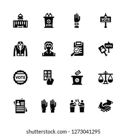 Vector Illustration Of 16 Icons. Editable Pack Capitol, Debate, Statistics, Leaflet, Balance, Handshake, Suit, Badge, Checking