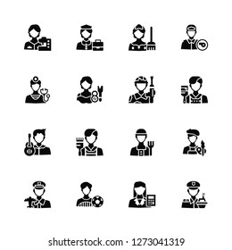 Vector Illustration Of 16 Icons. Editable Pack Seamstress, Mathematician, Football player, Pilot, Painter, Captain, Doctor, Guitar Militar