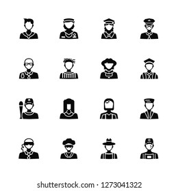 Vector Illustration Of 16 Icons. Editable Pack Teacher, Farmer, Scientist, Bouncer, Sailor, Mechanic, Graphic de, Baseball player, Farmer