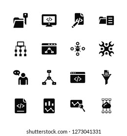 Vector Illustration Of 16 Icons. Editable Pack Encripted file, Analytics, Script, Filter, Cloud computing, Sitemap, Feedback, Bug