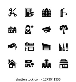 Vector Illustration Of 16 Icons. Editable Pack Maintenance, Buildings, Store, House, Market, Villa, Property, Megaphone