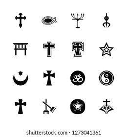 Vector Illustration Of 16 Icons. Editable Pack Aaronic Order Church, Bahai, Paganism, Catholicism, Yin Yang, Mantle, Shinto, Islam, Catholicism