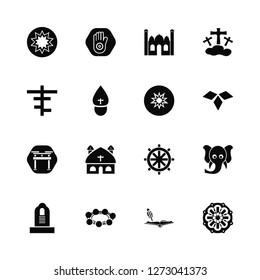 Vector Illustration Of 16 Icons. Editable Pack Paganism, Holy scriptures, Bead, Commandments, Ganesha, Crown of thorns, Christianity, Shinto, Judaism