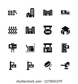 Vector Illustration Of 16 Icons. Editable Pack Construction, Paint roll, For rent, sale, Support, Juridical, Fence, Slides, Sold