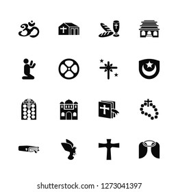 Vector Illustration Of 16 Icons. Editable Pack Hinduism, Cross, Dove, Bible, Rosary, Angel, Prayer, Stained glass, Holy star