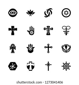 Vector Illustration Of 16 Icons. Editable Pack Caodaism, Christianity, Celtic Cross, Confucianism, Sikhism, Buddhism, Ankh, Orthodox