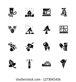 Vector Illustration Of 16 Icons. Editable Pack Sun protection, Igloo, Lighthouse, Maple leaf, Ice cream, Reindeer, Acorn, Pine tree