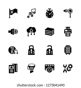 Vector Illustration Of 16 Icons. Editable Pack Flag, Play, Funnel, Menu, Cabinet, Wrench, Volume, Help, Layers