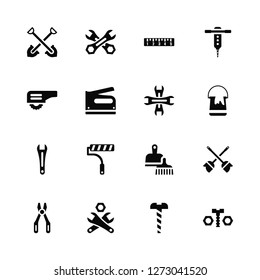 Vector Illustration Of 16 Icons. Editable Pack Working Shovel, Garage Screw, Wrench and Nut, Repair Pliers, Cleaning Mop, Nuts Bolts, Carpenter Cutter, Wrench, 