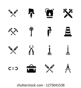 Vector Illustration Of 16 Icons. Editable Pack Screwdriver, Garage Businessman Portfolio, Magnet, Gardening Rake, Open Compass, Digger, Repair stillson wrench