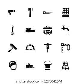 Vector Illustration Of 16 Icons. Editable Pack Drilling machine, Bucket, Bulldozer, Helmet, Crane, Ladder, Paint brush, roller, Toolbox