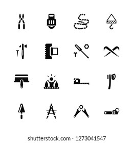 Vector Illustration Of 16 Icons. Editable Pack Pliers, Wrench, Compass, Trowel, Axe, Chainsaw, Hammer, Screwdriver