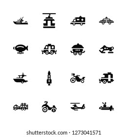 Vector Illustration Of 16 Icons. Editable Pack Boat, Helicopter, Motorcycle, Fire truck, Caravan, Submarine, Zeppelin, Yatch, Wagon