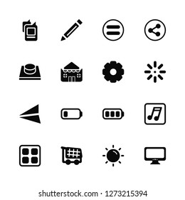 Vector Illustration Of 16 Icons. Editable Pack Tag, Sun, Shopping Cart, Menu, Music Note, Screen, Button, Send, Settings