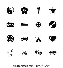 Vector Illustration Of 16 Icons. Editable Pack Yin yang, Hearts, Bicycle, Quaver, Heart, Rainbow, Boombox, Pacifism, Sun