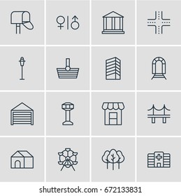 Vector Illustration Of 16  Icons. Editable Pack Of Parking, Ferris Wheel, Skyscraper And Other Elements.