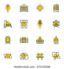 Vector Illustration Of 16  Icons. Editable pack of Awning, intersection and other elements.