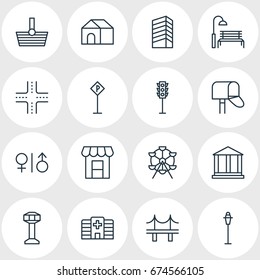 Vector Illustration Of 16  Icons. Editable Pack Of Mail Box, Courthouse, Road Sign And Other Elements.