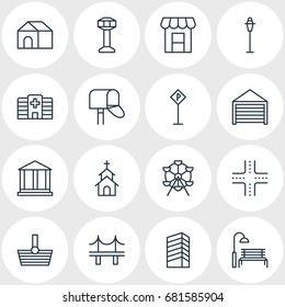 Vector Illustration Of 16  Icons. Editable Pack Of Road Sign, Lamppost, Golden Gate And Other Elements.