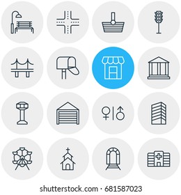 Vector Illustration Of 16  Icons. Editable Pack Of Courthouse, Intersection, Toilet And Other Elements.