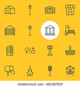 Vector Illustration Of 16  Icons. Editable Pack Of Clinic, Mail Box, Control Tower And Other Elements.