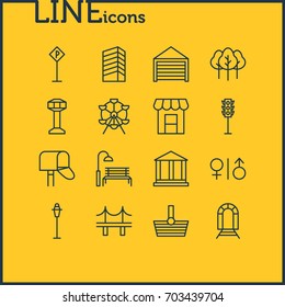 Vector Illustration Of 16  Icons. Editable Pack Of Road Sign, Parking, Lamppost And Other Elements.