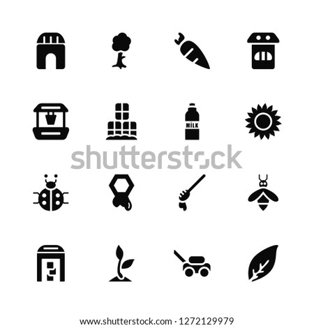 Vector Illustration Of 16 Icons. Editable Pack Barn, Lawn mower, Sprout, Warehouse, Bee, Leaf, Well, Ladybug, Milk bottle