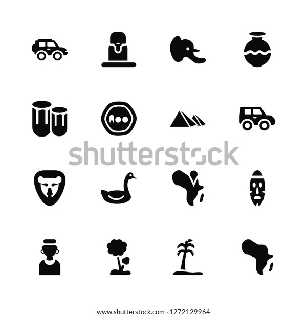 Vector\
Illustration Of 16 Icons. Editable Pack Car, Oasis, Tree, African,\
Mask, Africa, African drum, Lion,\
Pyramids