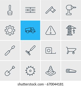 Vector Illustration Of 16 Industry Icons. Editable Pack Of Paintbrush, Harrow, Measure Tape And Other Elements.