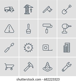 Vector Illustration Of 16 Industry Icons. Editable Pack Of Handle Hit, Spade, Caution Elements.