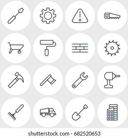 Vector Illustration Of 16 Industry Icons. Editable Pack Of Apartment, Turn Screw, Electric Screwdriver And Other Elements.